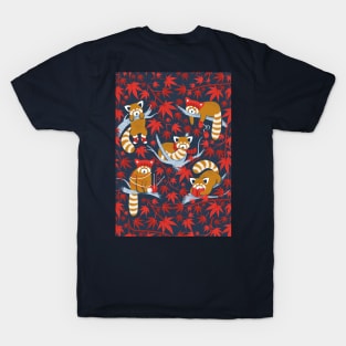 Red panda blending with the foliage // navy background desert sun brown cozy animals fog blue tree branches red acer leaves T-Shirt